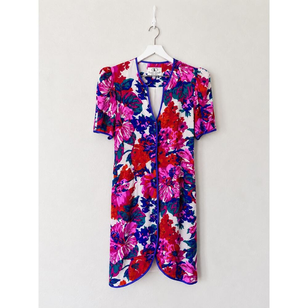 Vintage Flora Kung New York 100% Silk Floral Midi Dress Size 12 Pockets